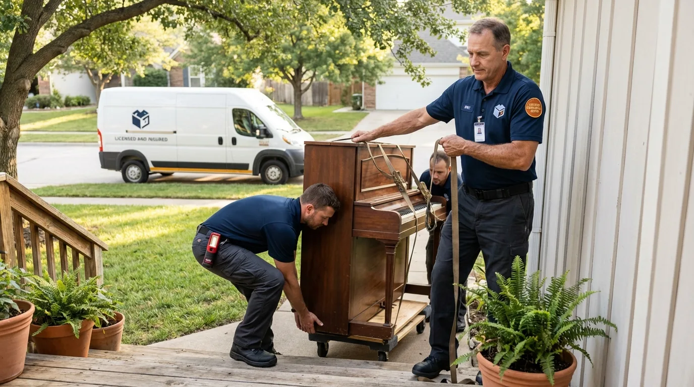 Licensed piano movers securing grand piano in Osterville, MA
